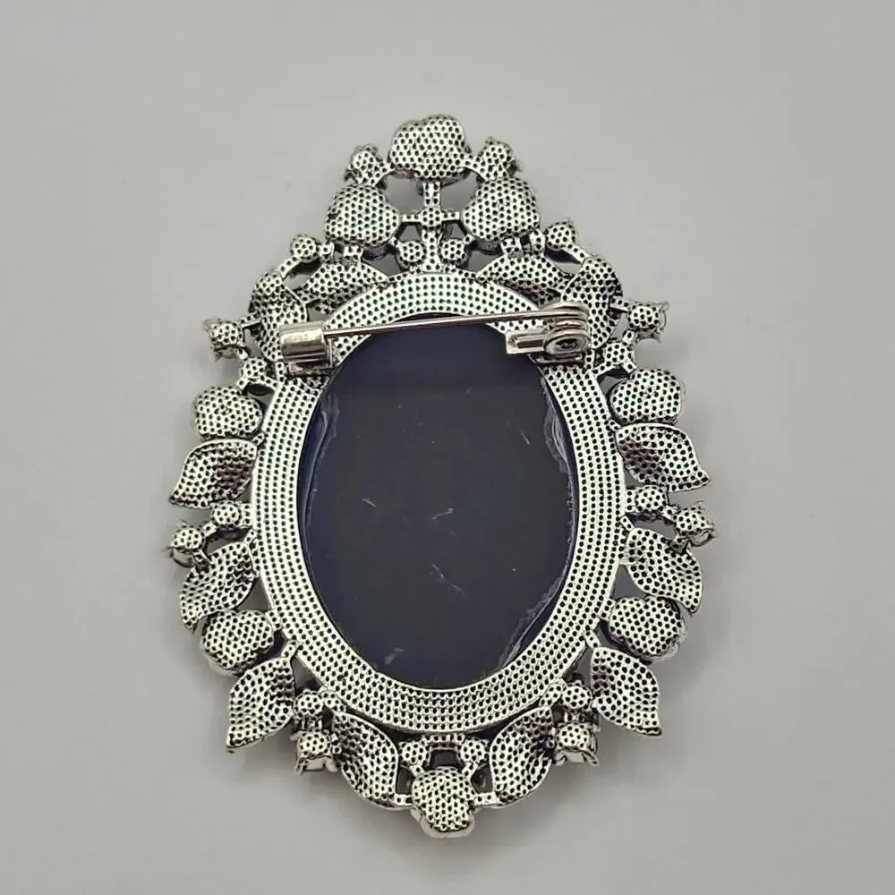 Gray Tones Cameo Brooch Rhinestone Accented Floral Border Frame